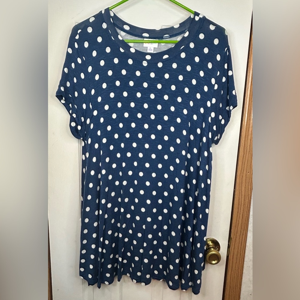 LuLaRoe Blue White Polka Dot Swing Tunic Top L Flowy